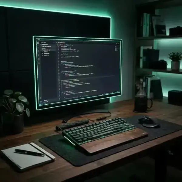 Sleek dark developer workspace showing highly converting spec pitch drafts on screen