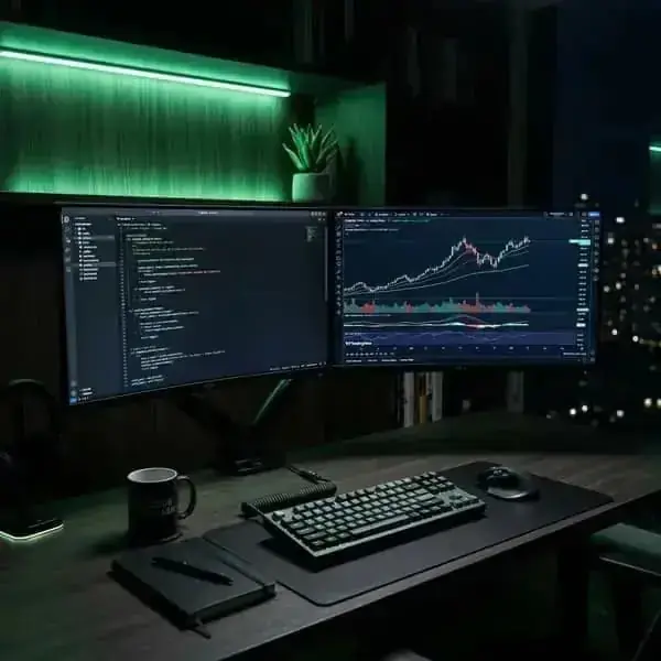 Premium, sleek dark-themed study desk setup with dual monitors displaying code and financial charts