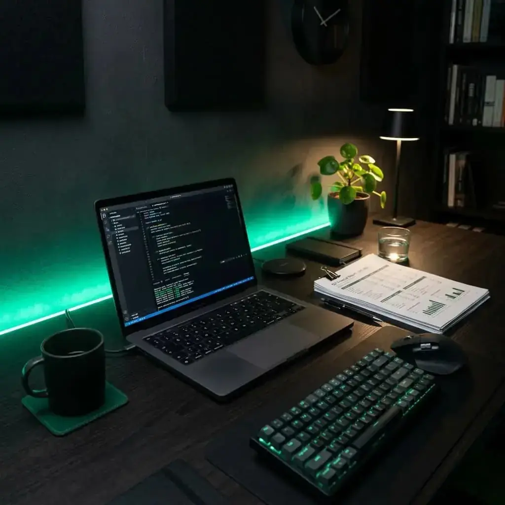 Sleek developer workspace setup with tax forms and financial charts