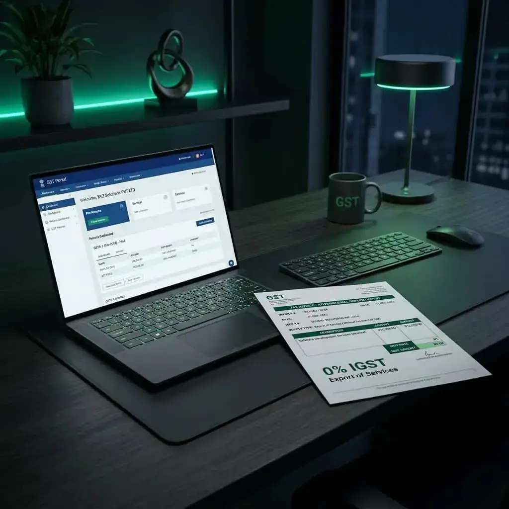Minimalist study desk showing an invoice for service export with 0% tax mark