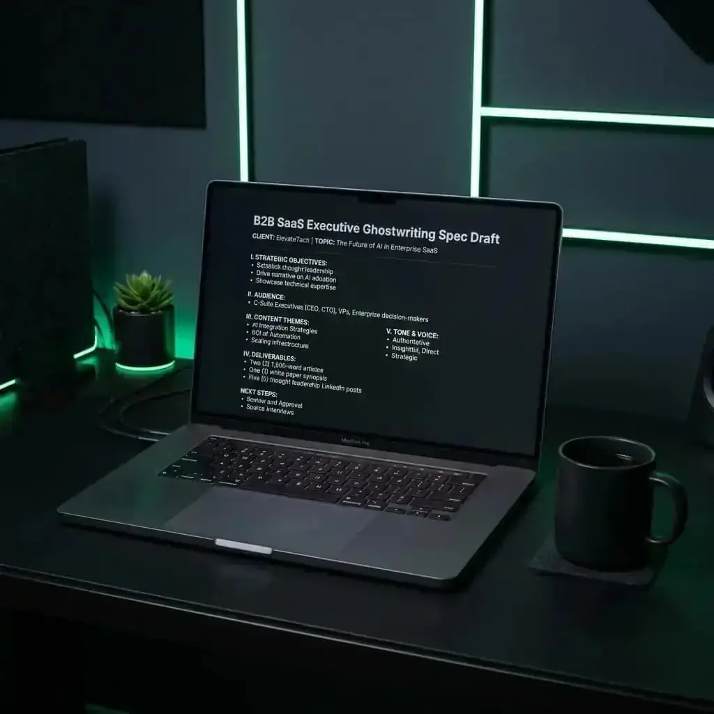 Premium dark-themed minimalist laptop workspace setup showing spec draft on screen