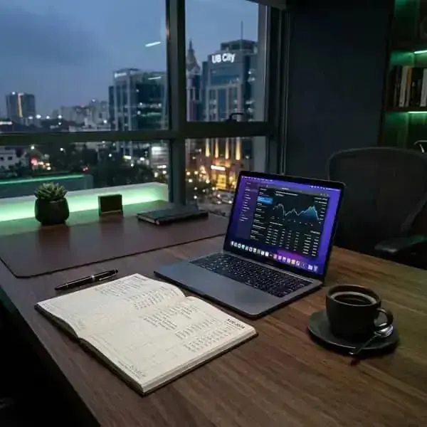 Premium, dark-themed minimalist office workspace showing an open financial ledger, a modern laptop, and an elegant cup of black coffee