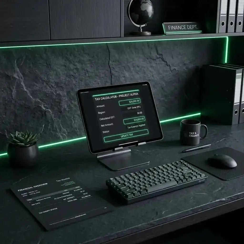 Premium dark-themed minimalist office workspace setup with financial document sheets